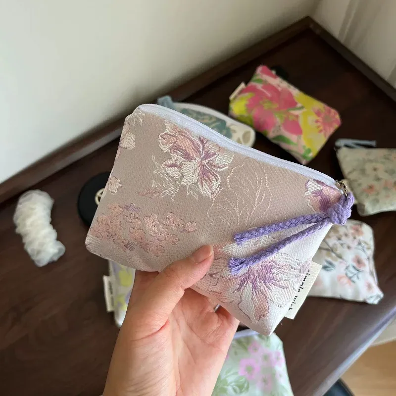 mini trousse de maquillage en satin jacquard style chinois, nouvelle collection été, texture lisse, pour cartes, rouge à lèvres, écouteurs, pour femmes