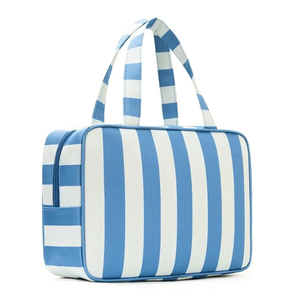 sac de rangement pour articles de toilette rayé grande capacité, pliable, multi-compartiments, sac de maquillage de voyage, pochette cosmétique durable et portable