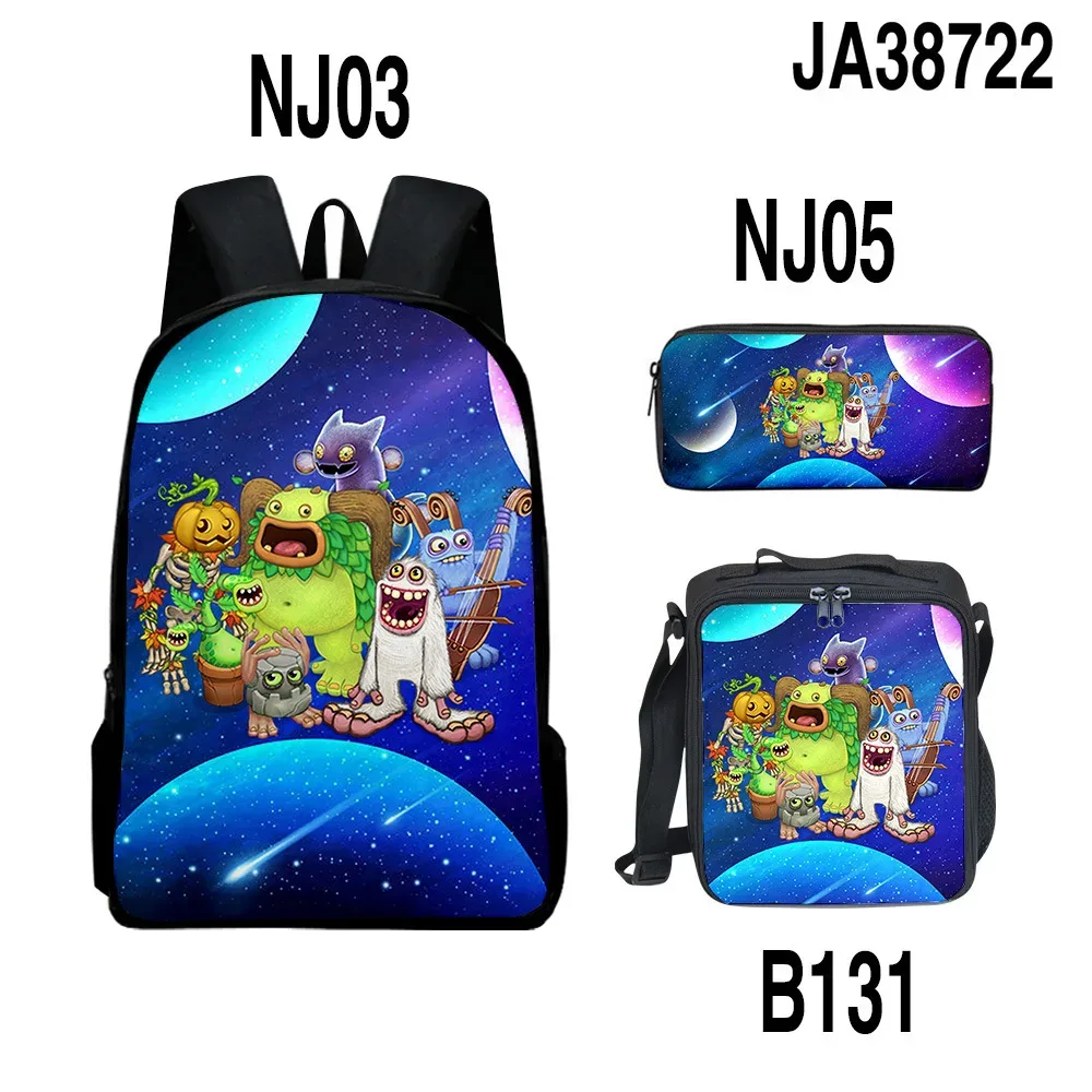 sacs à dos pour enfants, ensemble de sacs à dos, sac à déjeuner pour enfants, sac à crayons, ensemble de 3 pièces, nouveau sac de concert 3d my singing monsters