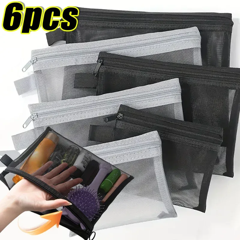 Sacs à cosmétiques transparents en maille, petite et grande trousse de maquillage noire, trousse de toilette de voyage portable, trousse de rangement pour rouge à lèvres, poudres, 1 pièce, 6 pièces