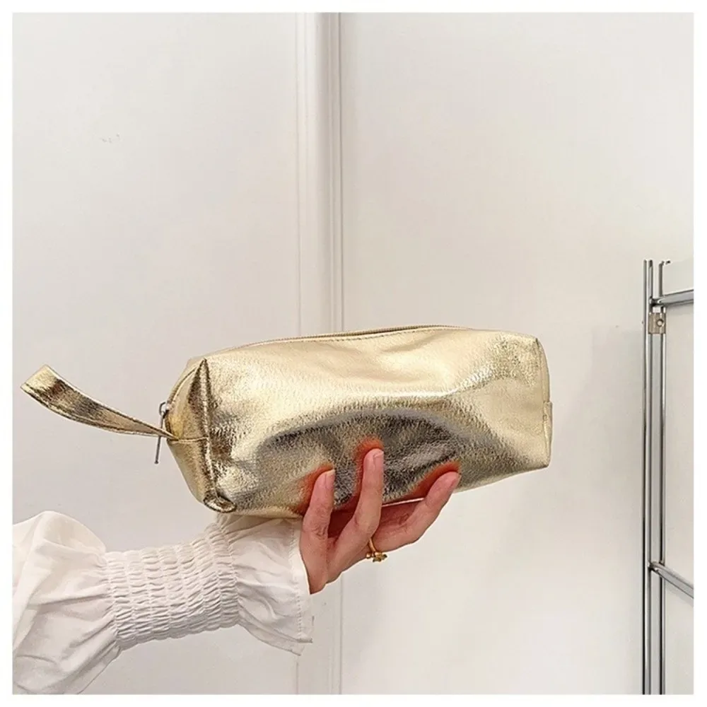 Sac de maquillage brillant portable, grande capacité, sac à cosmétiques à main, couleur unie, trousse à crayons polyvalente pour femmes