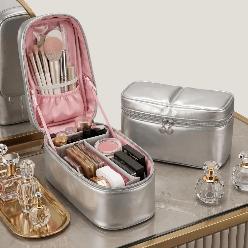 sac de maquillage en cuir pu argenté multifonctionnel grande capacité pochette de rangement cosmétique avec poignée amovible