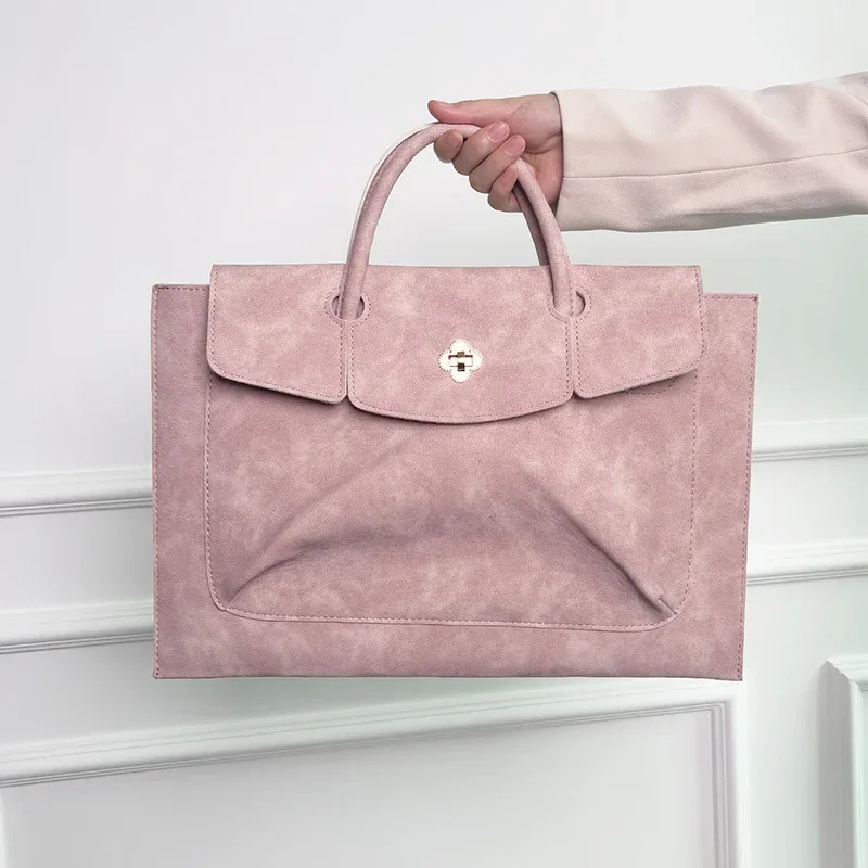 sac fourre-tout élégant en cuir pu rose pour ordinateur portable, sac à main de travail à poignée supérieure avec fermoir floral pour femme, usage quotidien au bureau