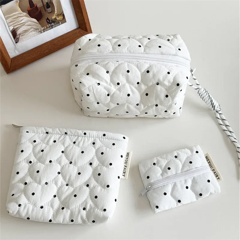Trousse de maquillage matelassée à pois pour femmes et filles, petite et grande brosse à rouge à lèvres, pochette cosmétique, Mini portefeuille Portable, porte-monnaie