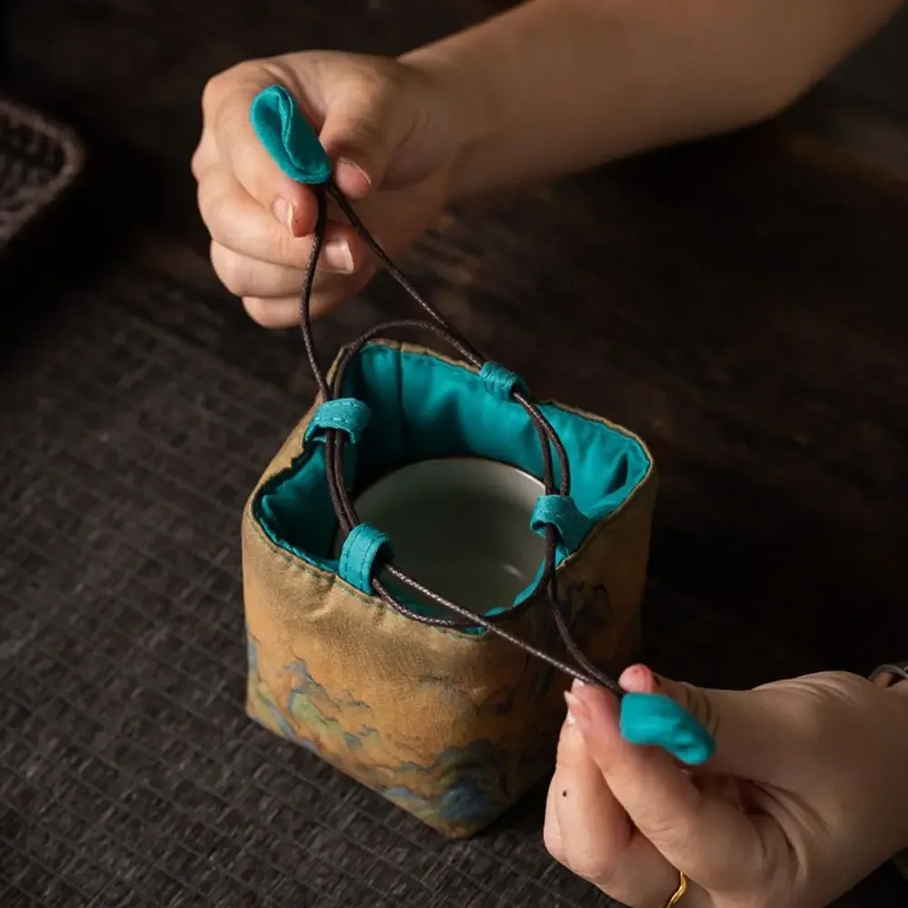 pochette en tissu à cordon de serrage pour tasse à thé de style chinois, sac de rangement portable imprimé pour service à thé, multifonctionnel, résistant à la casse