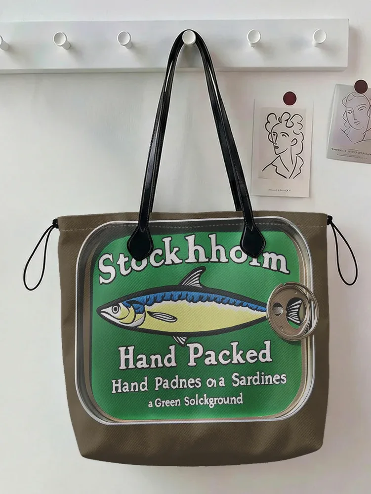 sac fourre-tout vintage imprimé boîte de conserve de sardines, grande capacité, en toile, pour le shopping, les voyages et l'usage quotidien