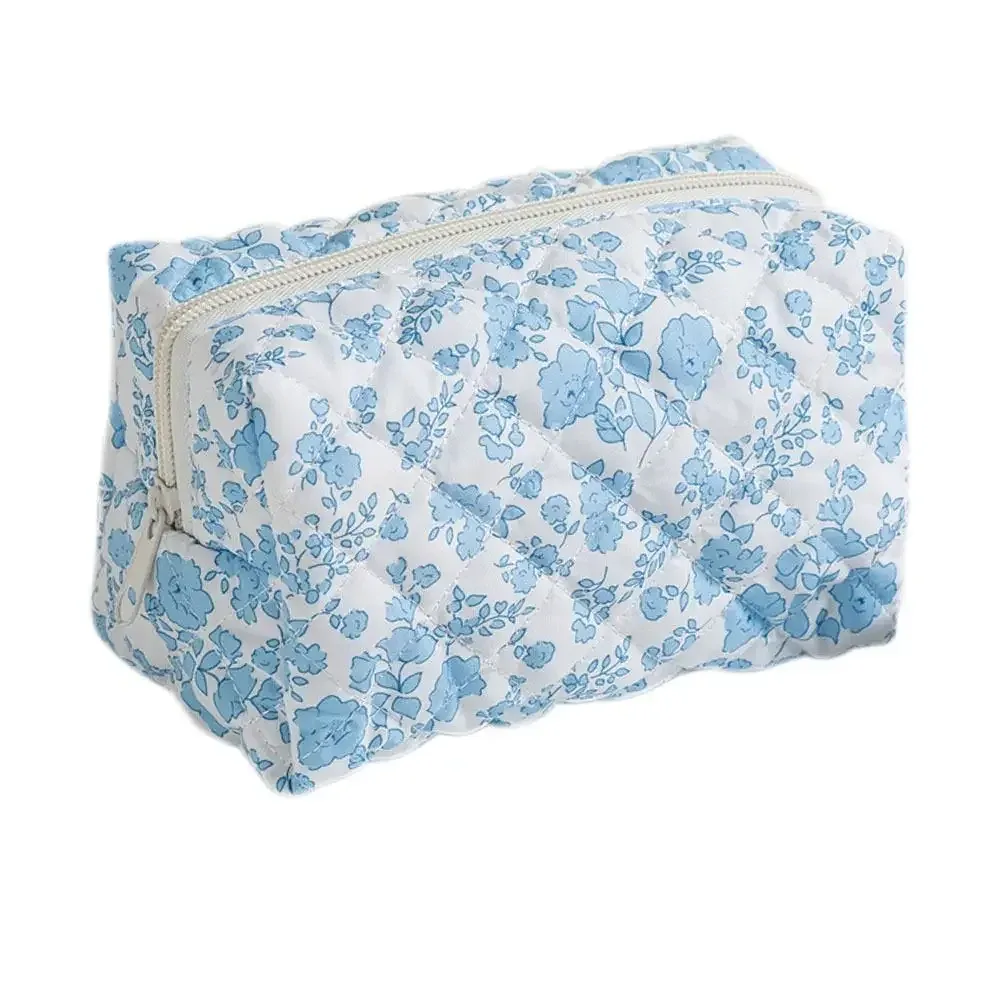 trousse de maquillage en coton matelassé, trousse de toilette portable à carreaux avec fermeture éclair, grande capacité, poudres de soin de la peau, voyage