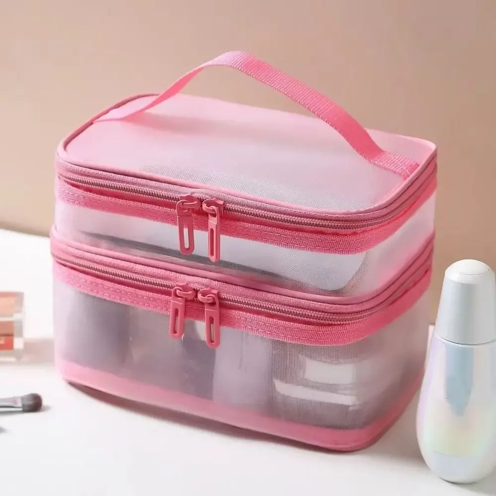 sac de voyage transparent en maille pour cosmétiques, sac de rangement à 2/3 couches, trousse de toilette de grande capacité, sac de rangement pour maquillage, gym, natation