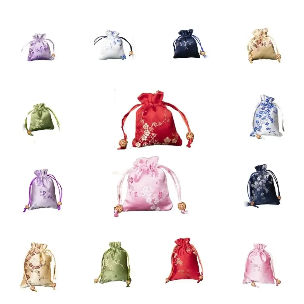 sac de rangement rétro en satin, sac cadeau à cordon brodé de fleurs, cravate à cordon de serrage, sachet pour femmes et enfants