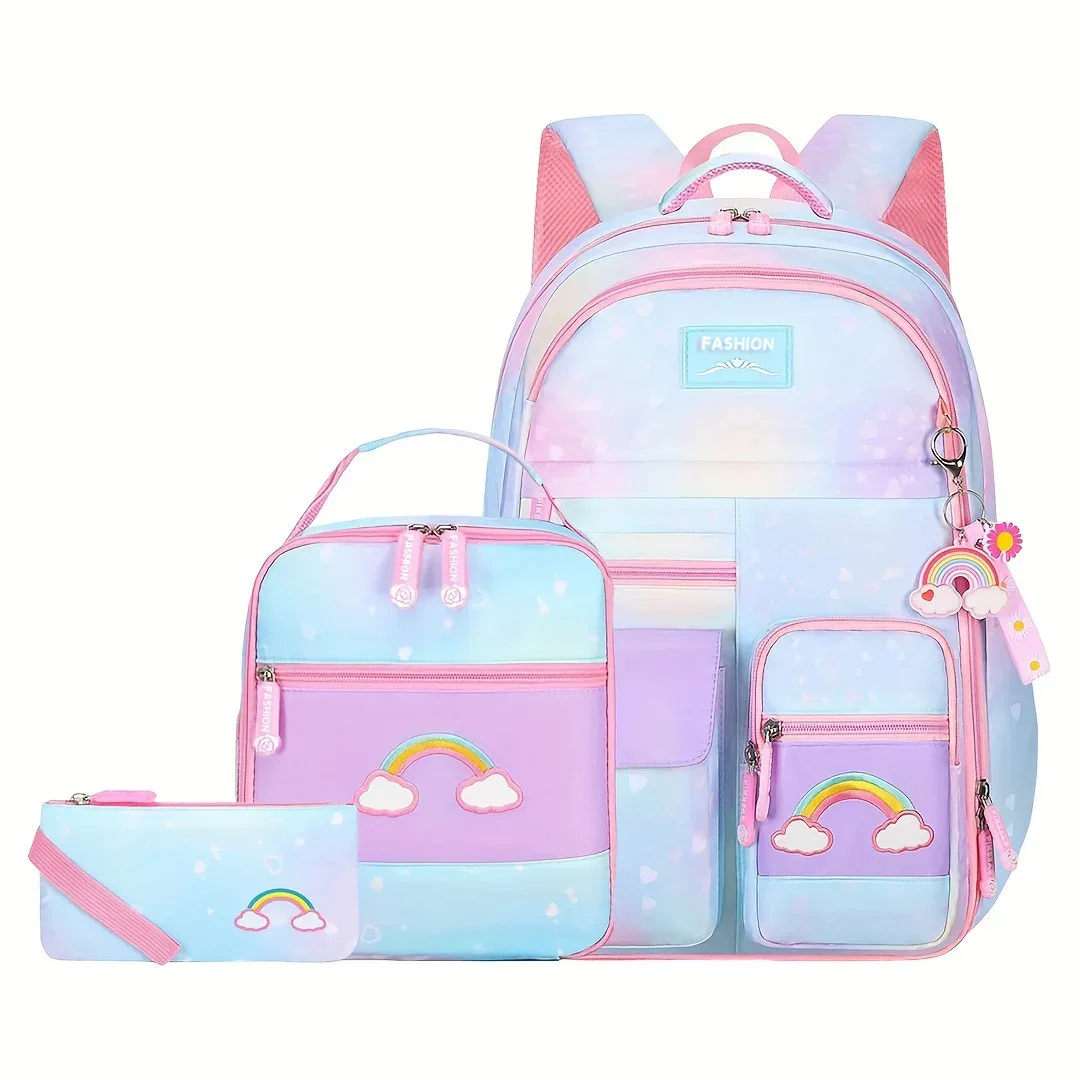 sac à dos scolaire pour filles, 3 pièces/ensemble, avec boîte à lunch et trousse à crayons, pour l'école primaire, le collège et le lycée