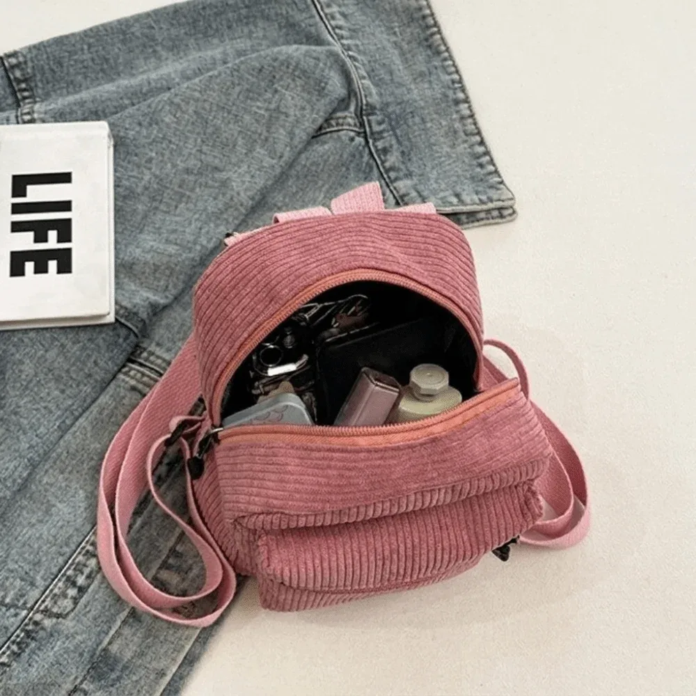 mini sac à dos rétro en velours côtelé de couleur unie, léger, avec fermeture éclair, double bandoulière, sac à dos vintage multi-poches, sac à dos de voyage décontracté