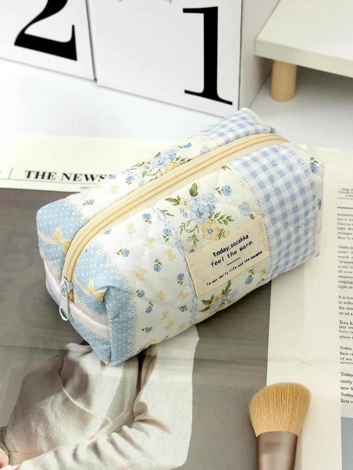 1 pièce/ensemble trousse de maquillage matelassée patchwork bleu, trousse de maquillage florale, trousse de maquillage portable, trousse de maquillage multifonctionnelle de grande capacité