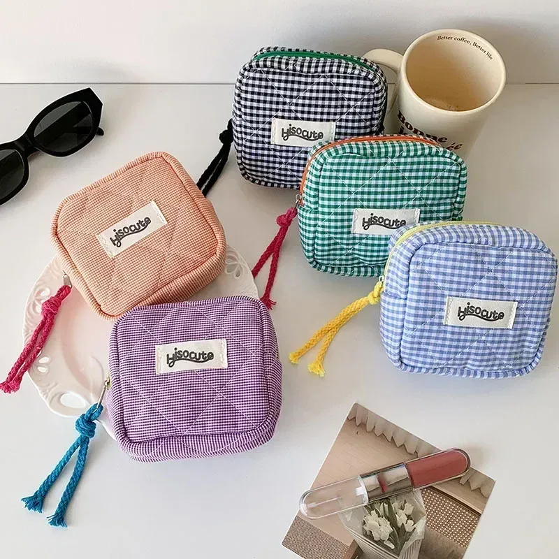 mini sacs de maquillage à carreaux, sac de rangement pour clé d'écouteurs, rouge à lèvres, sac à cosmétiques minimaliste à carreaux, pochette de maquillage, petit porte-monnaie à fermeture éclair