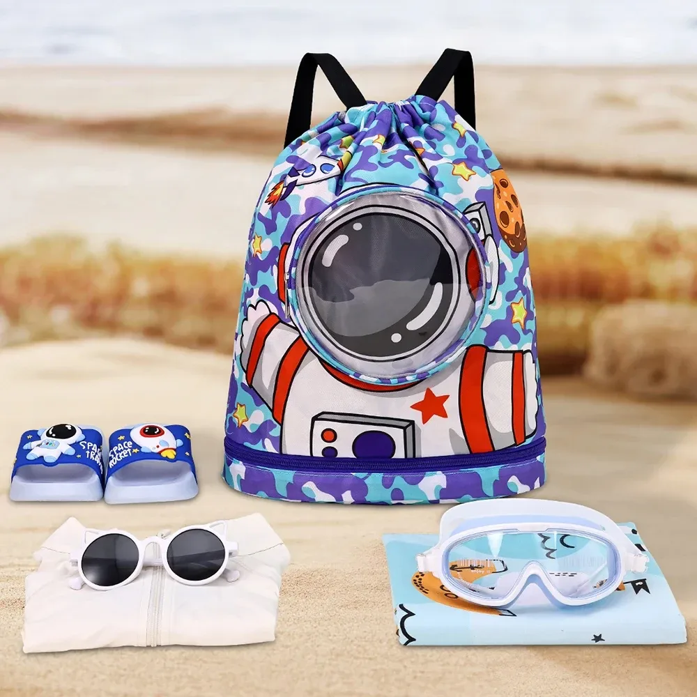 sac de natation de dessin animé étanche pour enfants, support pour vêtements secs pour femmes avec chaussures, stockage de lunettes, poudres, sac à dos de sport de piscine