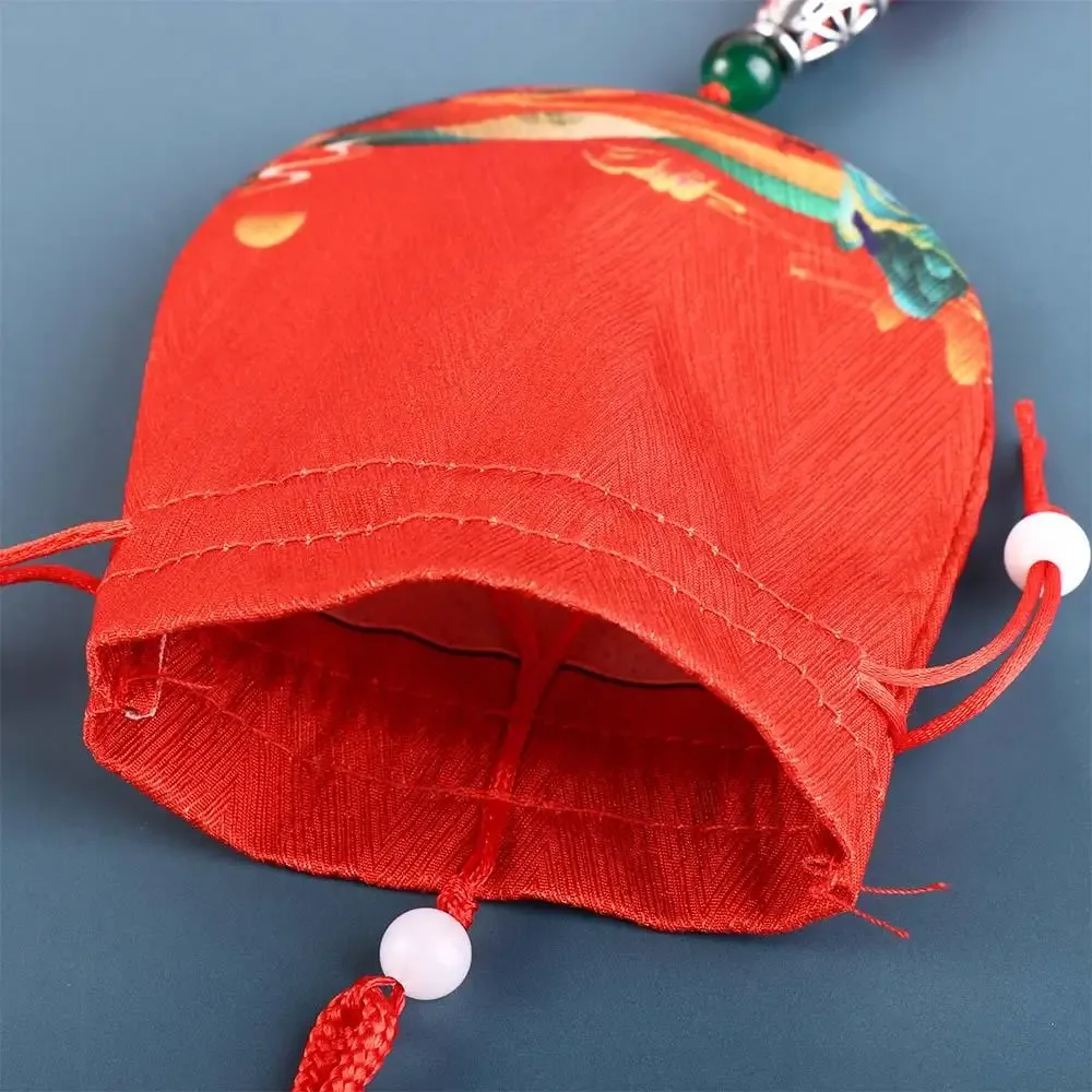pochette à cordon en tissu à motif floral avec pompon, sac à bijoux pour femme, sac de rangement de style chinois