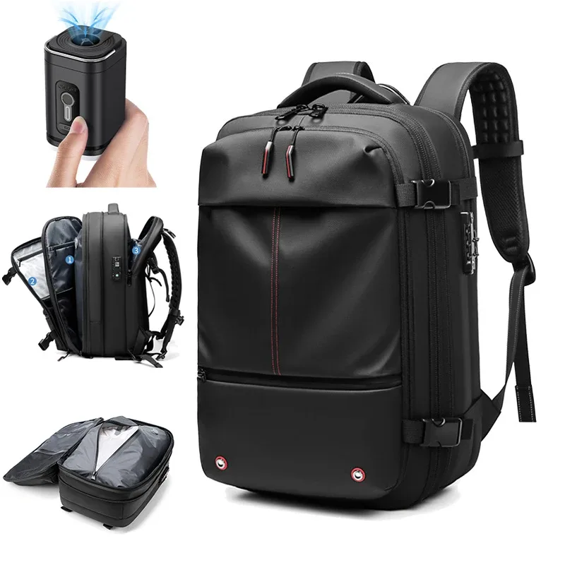Sac à dos de voyage pour hommes, sac à dos à compression sous vide pour ordinateur portable 17 pouces, sac à dos d'affaires de grande capacité, sac à dos de camping extensible, sac à dos de randonnée