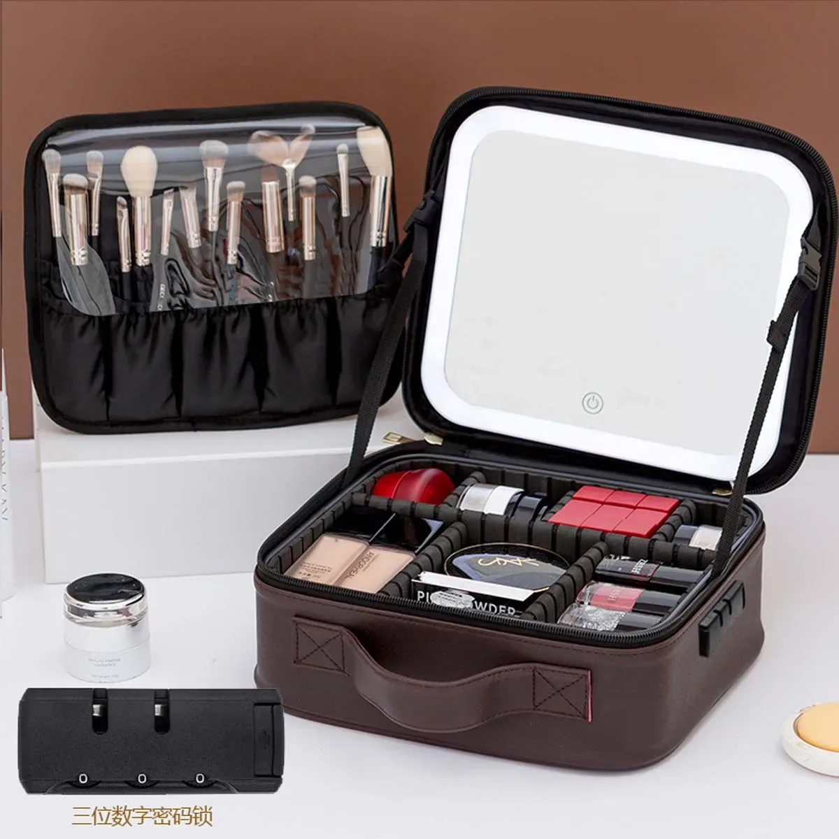 trousse de maquillage de voyage à lumière led avec miroir, grande capacité, sac de rangement avancé, étui de rangement portable, serrure à combinaison