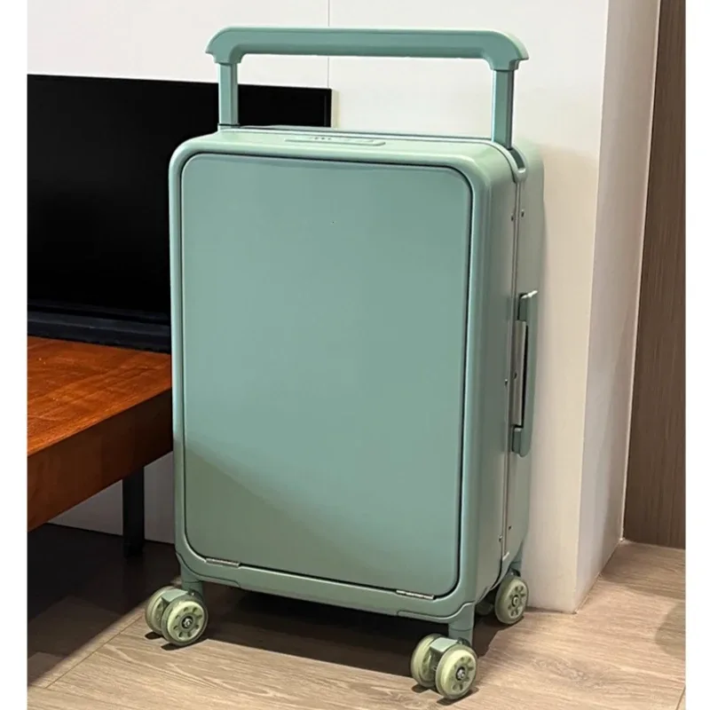 valise à roulettes avec poche pour ordinateur portable à ouverture frontale, poignée large, cadre en aluminium, serrure tsa, pour femme, en matériau pc, idéale pour les voyages et les entrepôts.
