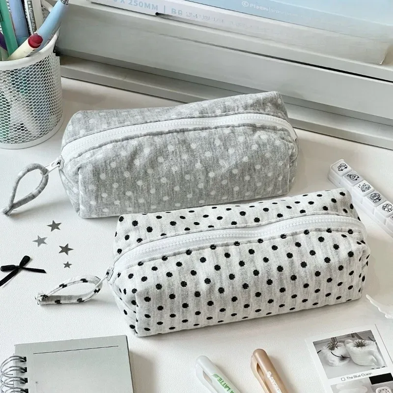 trousse de maquillage de voyage pour femmes, étui cosmétique grande capacité, trousse à crayons pour étudiants, pochette au style coréen minimaliste à pois