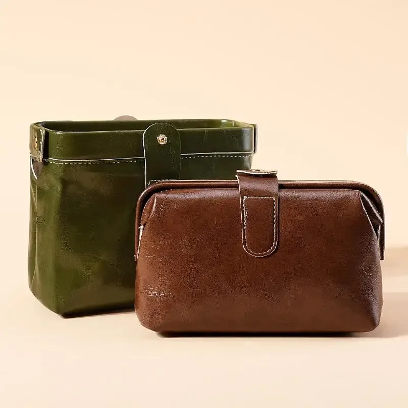 porte-monnaie à boutons de couleur unie pour filles, sac à cosmétiques en cuir pu vintage à la mode pour femmes, trousse de maquillage de grande capacité, étanche, 1 pièce