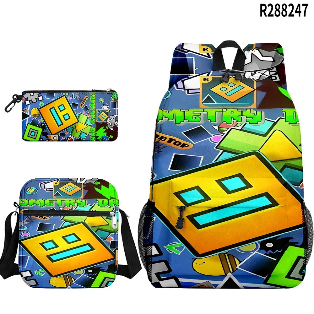 populaire cool geometry dash 3d imprimé 3 pièces/ensemble sacs d'école pour élèves sac à dos pour ordinateur portable sac à dos sac à bandoulière incliné trousse à crayons