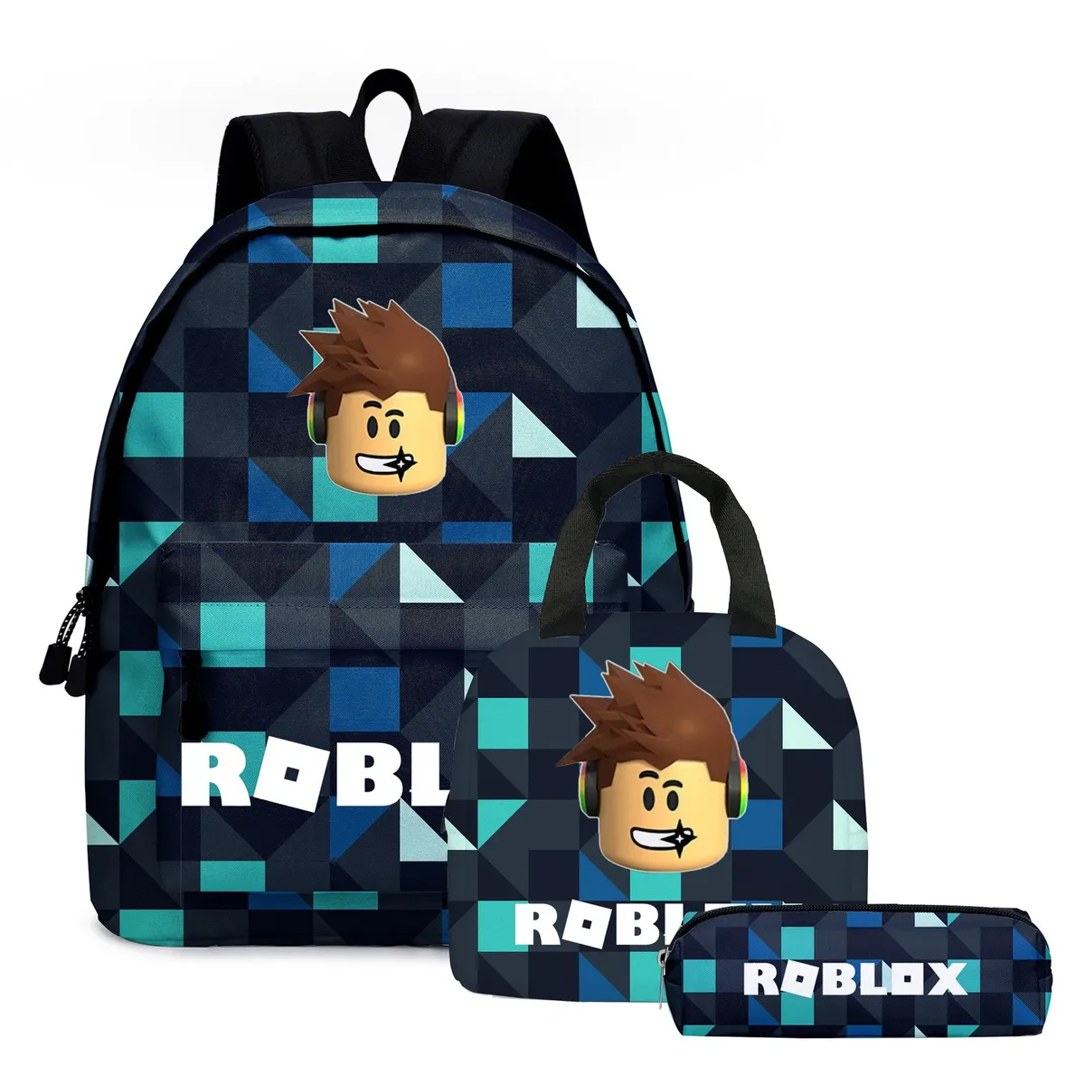 ensemble de 3 pièces : sac à dos scolaire, sac à déjeuner et trousse à crayons sur le thème de roblox, dessin animé et anime – cadeau d'anniversaire pour étudiant