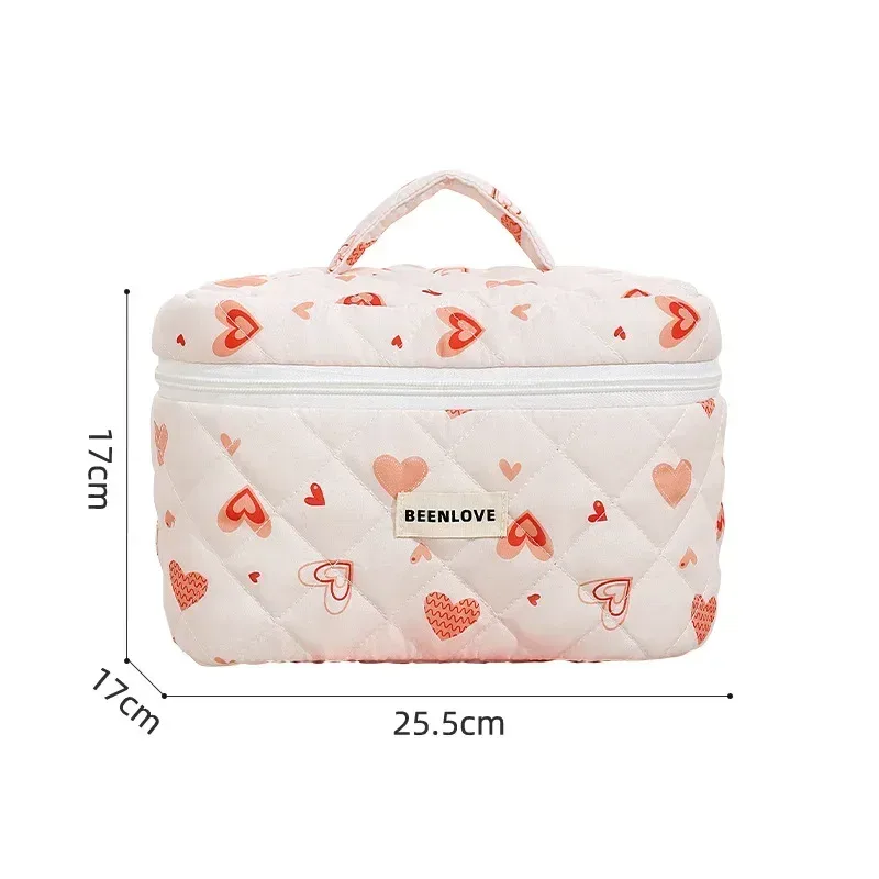 trousse de maquillage en coton matelassé avec impression, grand sac de voyage mignon pour poudres cosmétiques