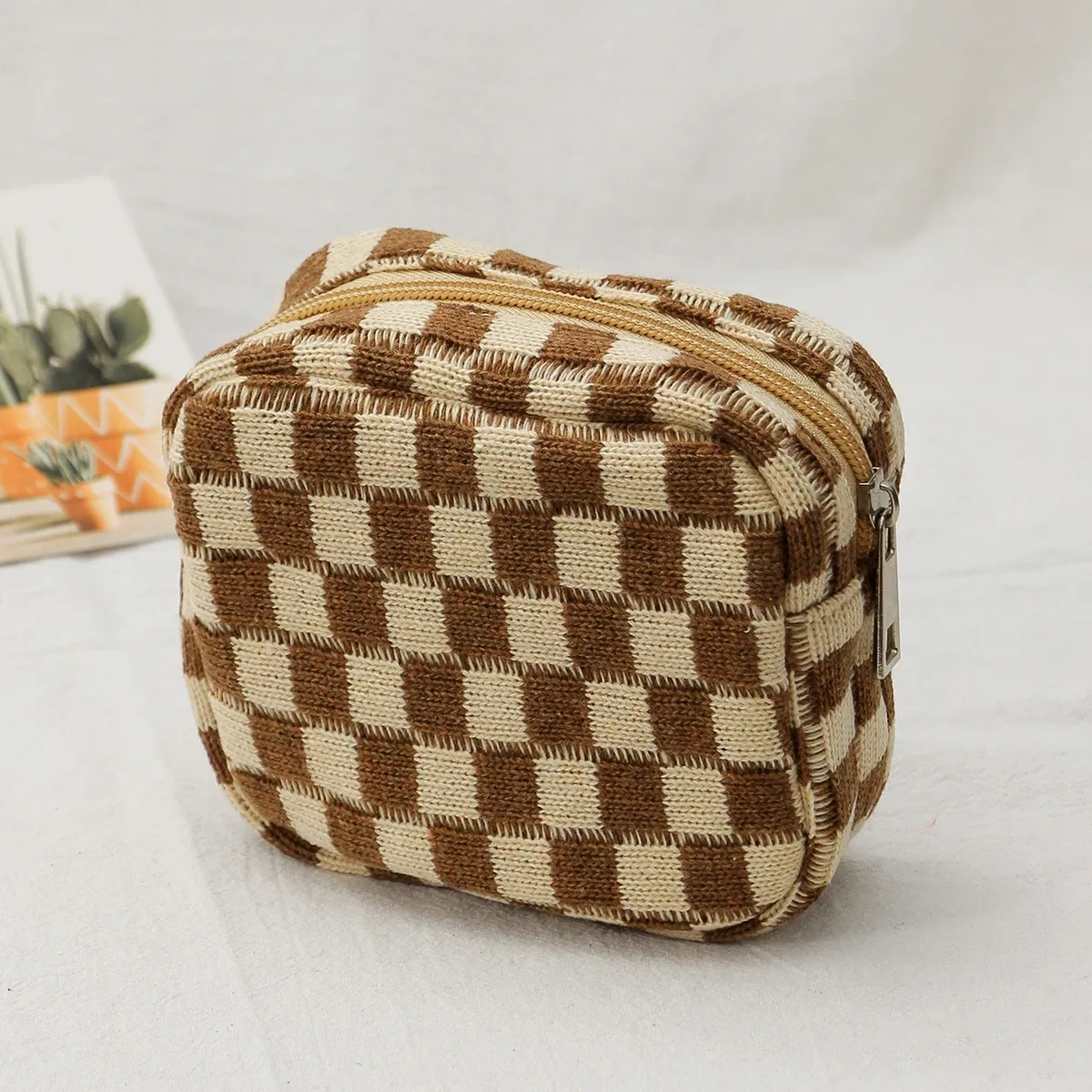 sac à cosmétiques en damier, sac de rangement de toilette tricoté, pochette de maquillage colorée, organisateur, sac à cosmétiques à motif à carreaux
