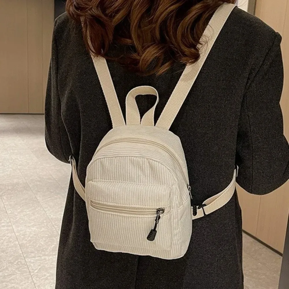 mini sac à dos polyvalent en velours côtelé de couleur unie, léger, avec fermeture éclair, double bandoulière, style vintage, multi-poches, pour le quotidien et les voyages