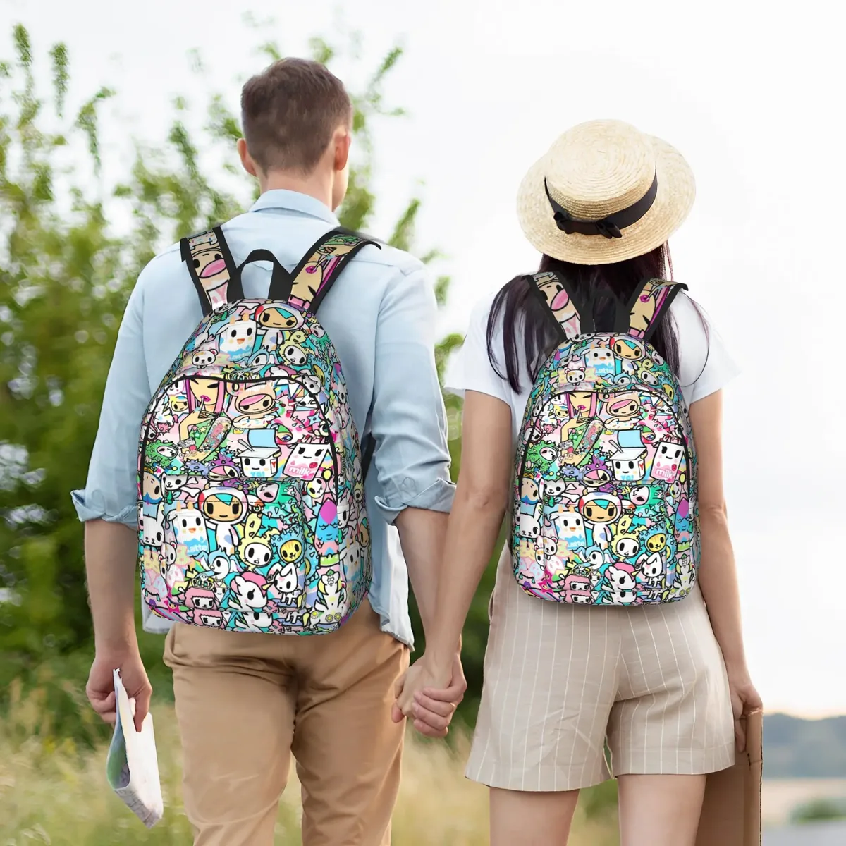 sac à dos tokidoki avec motif de collages de personnages, sacs à dos esthétiques en polyester pour adolescents, sacs de lycée, sacs de voyage colorés