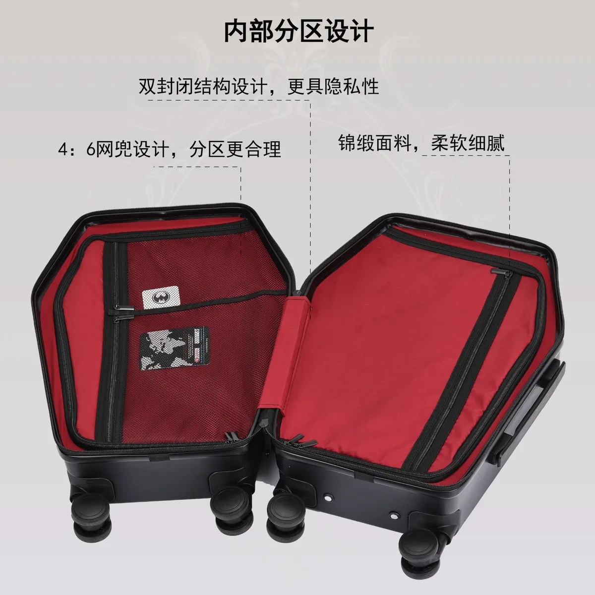 valise gothique au design unique en forme de cercueil, sac de voyage d'halloween, coffre rétro noir, valise à thème vampire, bagage à esthétique sombre.