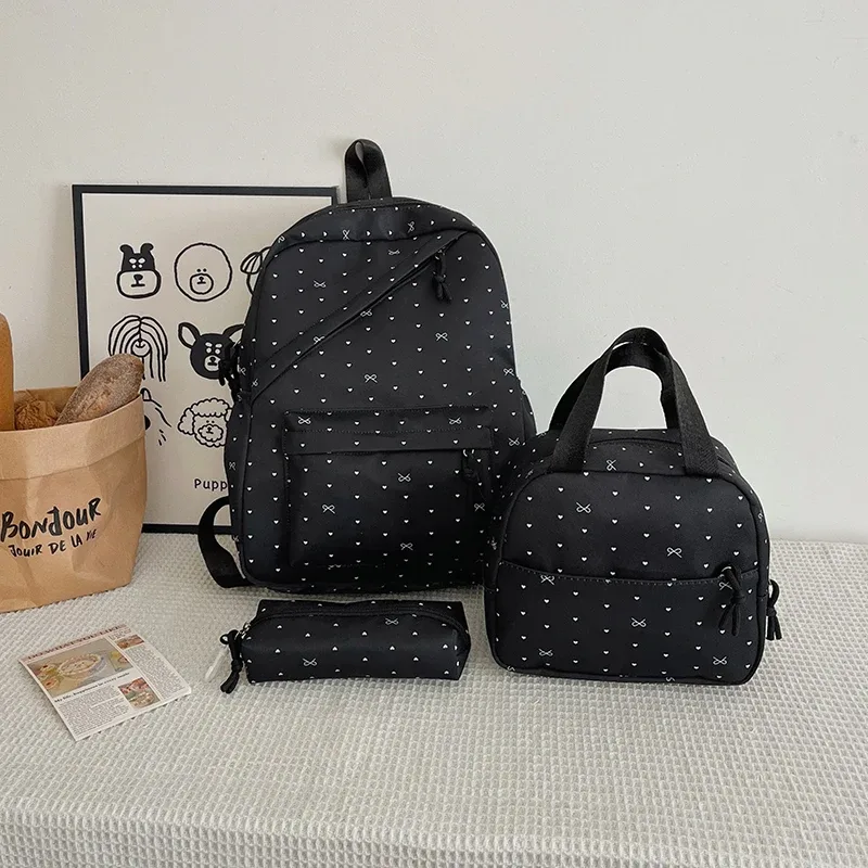 sac à dos en nylon à pois avec boîte à lunch et trousse à crayons, ensemble de sacs à livres pour étudiants, grande capacité pour adolescentes, filles et femmes, 3 pièces