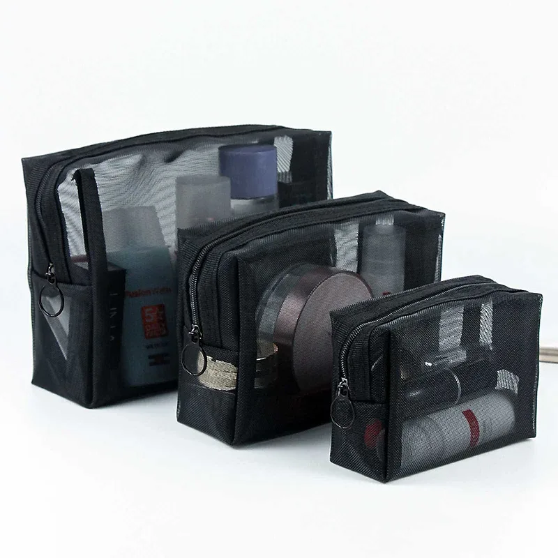 sac de voyage en maille noire pour cosmétiques, trousse de maquillage portable avec fermeture éclair pour femmes, trousse de toilette, organisateur de maquillage, pochette de rangement portable