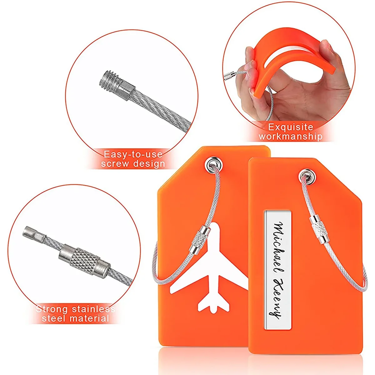 2/5 étiquettes de bagage en silicone, motif avion, identificateur de valise, couleurs vives avec boucle en fil d'acier, porte-nom, usage quotidien
