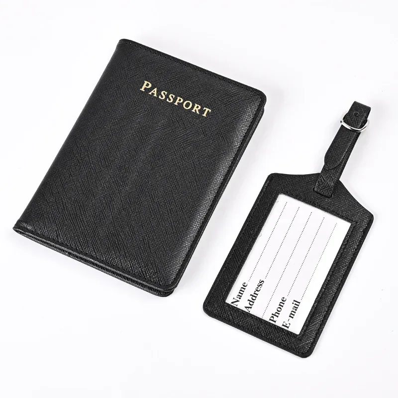 saffiano-ensemble d'étiquette de bagage en cuir pu, lettres personnalisées, couverture de passeport de voyage, porte-billet, accessoires de voyage à la mode