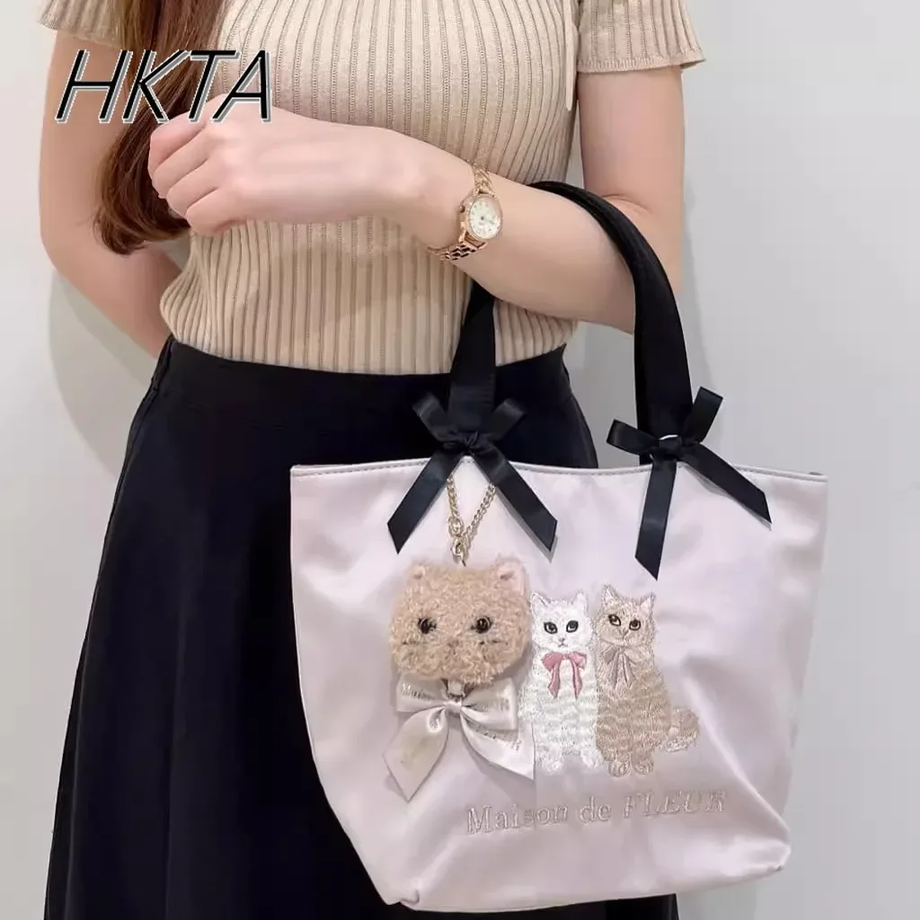 Sac à main double chat brodé pour femme, sac fourre-tout rose doux, satin, double nœud, initié, mignon, japonais, printemps, nouveau, 2025
