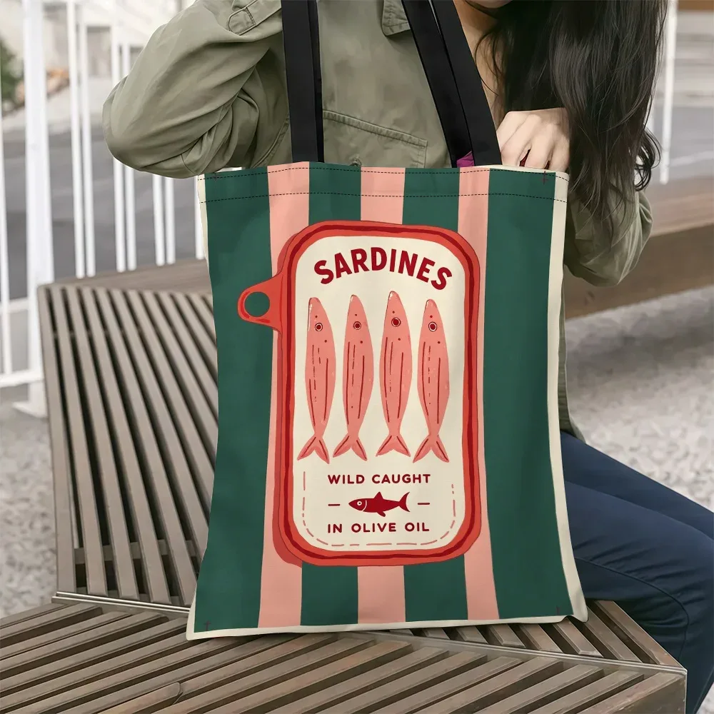 sac fourre-tout réutilisable pour sardines à l'huile d'olive, 1 pièce, sac à bandoulière élégant à rayures vertes et roses avec illustration de poisson