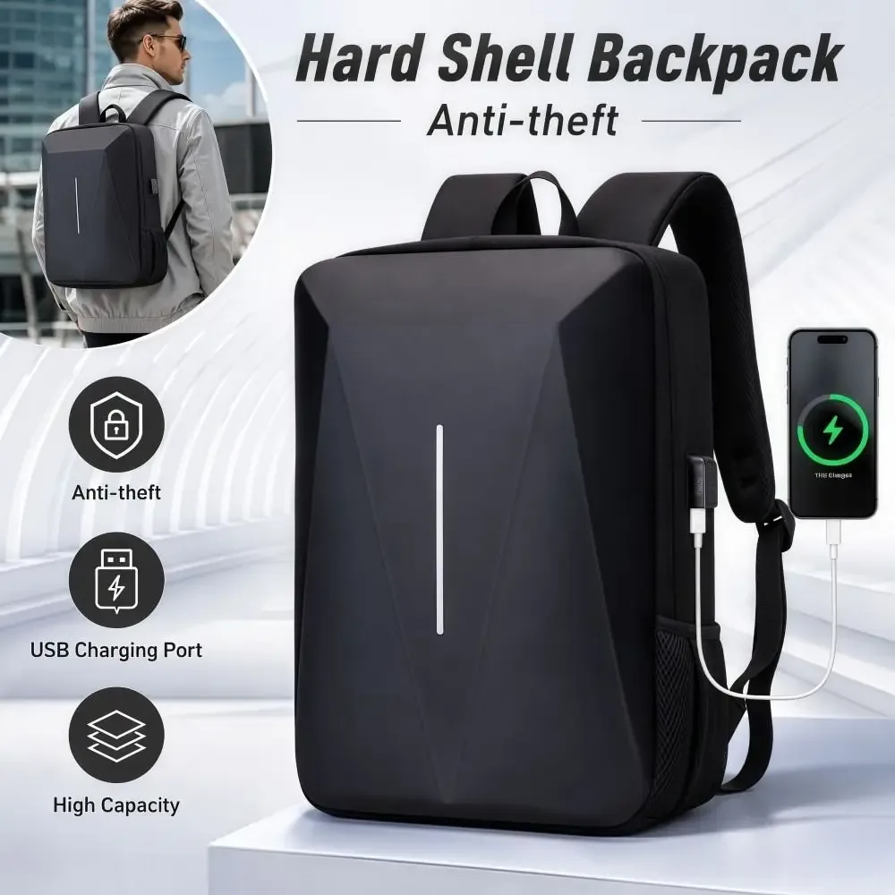 sac à dos antivol à coque rigide, grande capacité, polyvalent, décontracté, en eva, avec port de charge usb, étanche, sac d'ordinateur pour affaires