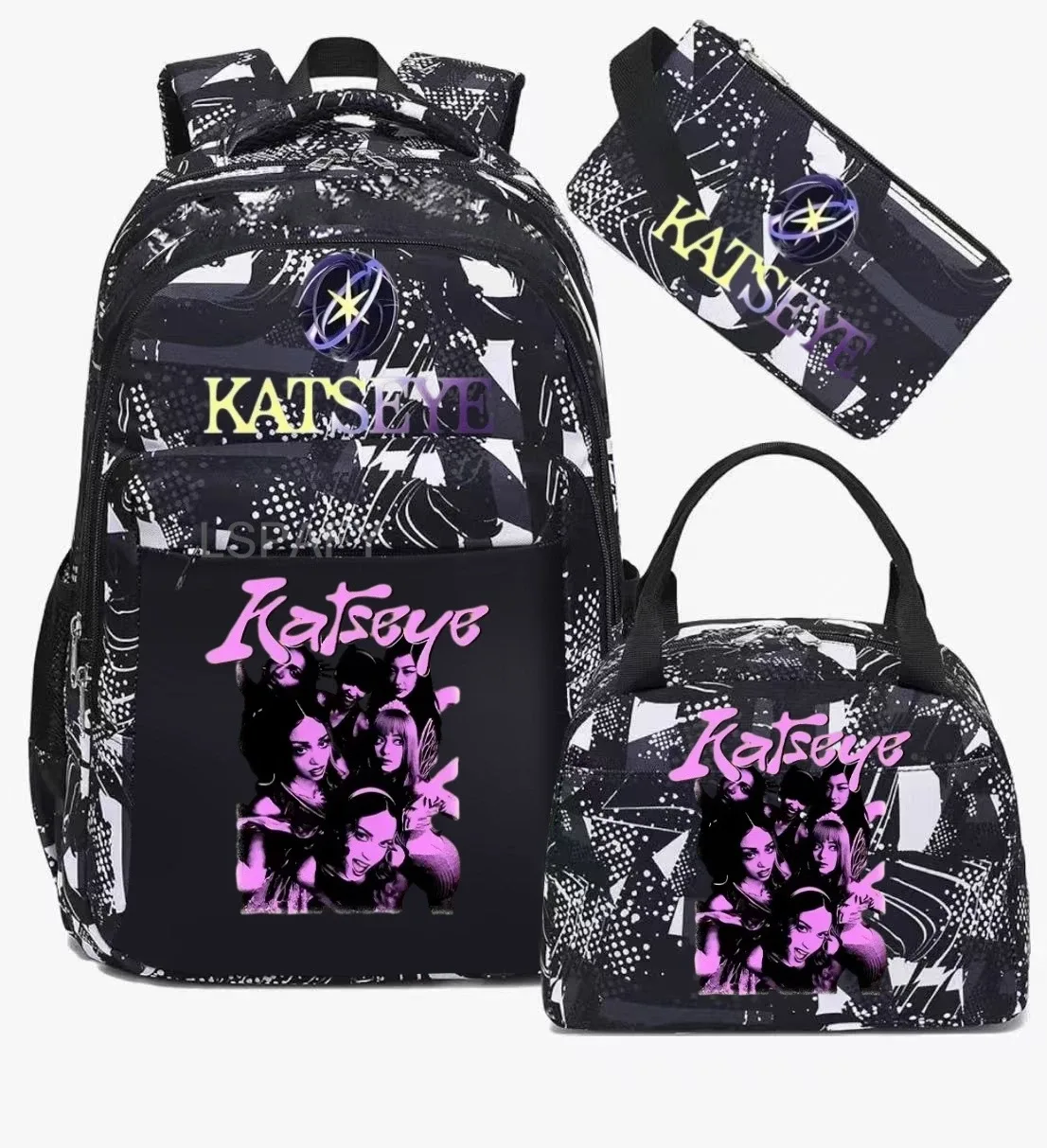 sacs d'école imprimés fashion katseye, ensemble de 3 pièces, sac à dos pour l'école primaire, garçons et filles, sac à dos de sport avec sac à lunch et trousse à crayons