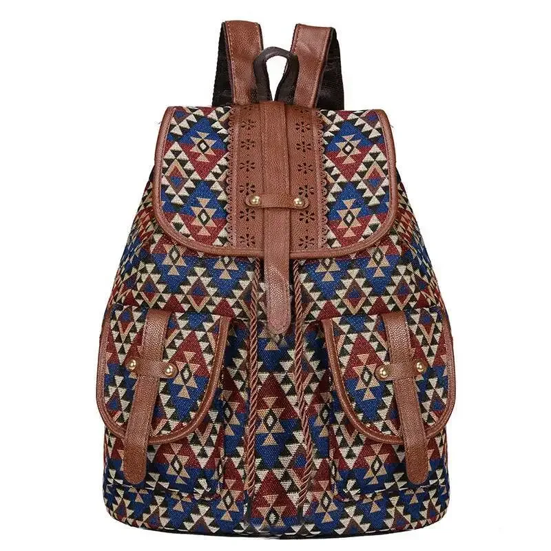 sac à dos tendance de grande capacité pour femmes, sac à dos décontracté avec cordon de serrage, motif géométrique, style national et exotique