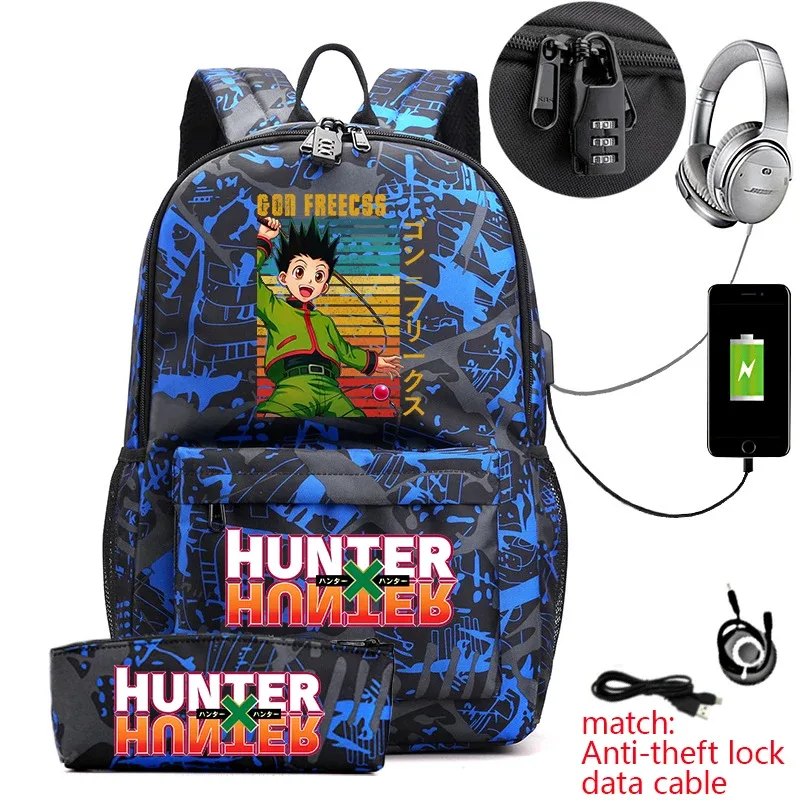 sac à dos hunter x hunter anime pour étudiants, sac à dos antivol décontracté avec trousse à crayons pour garçons et filles, sac d'école
