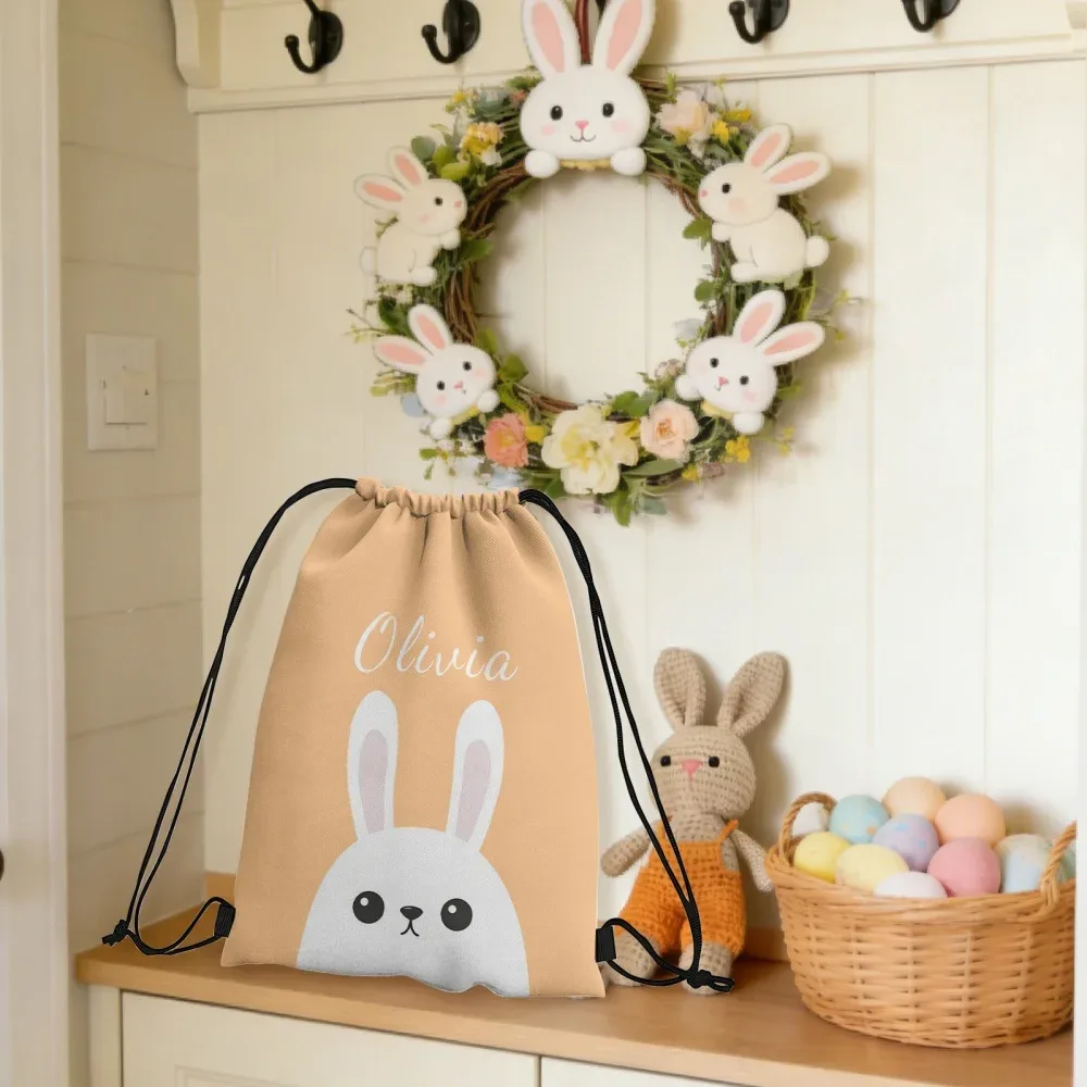 sac à dos personnalisé avec cordon de serrage, motif lapin de pâques, nom personnalisé, sac pour enfants, sac à cordon idéal pour la chasse aux œufs de pâques, cadeau pour l'extérieur