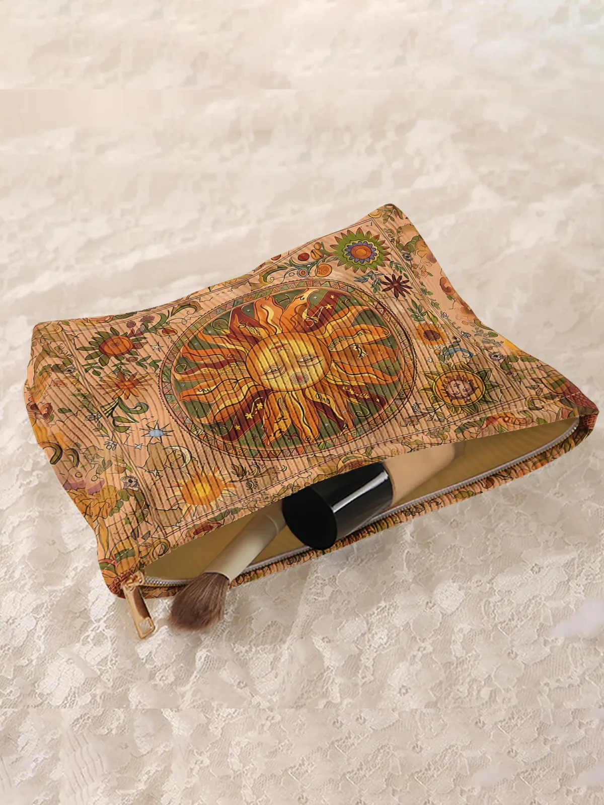 pochette à maquillage vintage bohème en velours côtelé imprimé soleil et fleurs, pochette légère à fermeture éclair, trousse de toilette multifonctionnelle doublée
