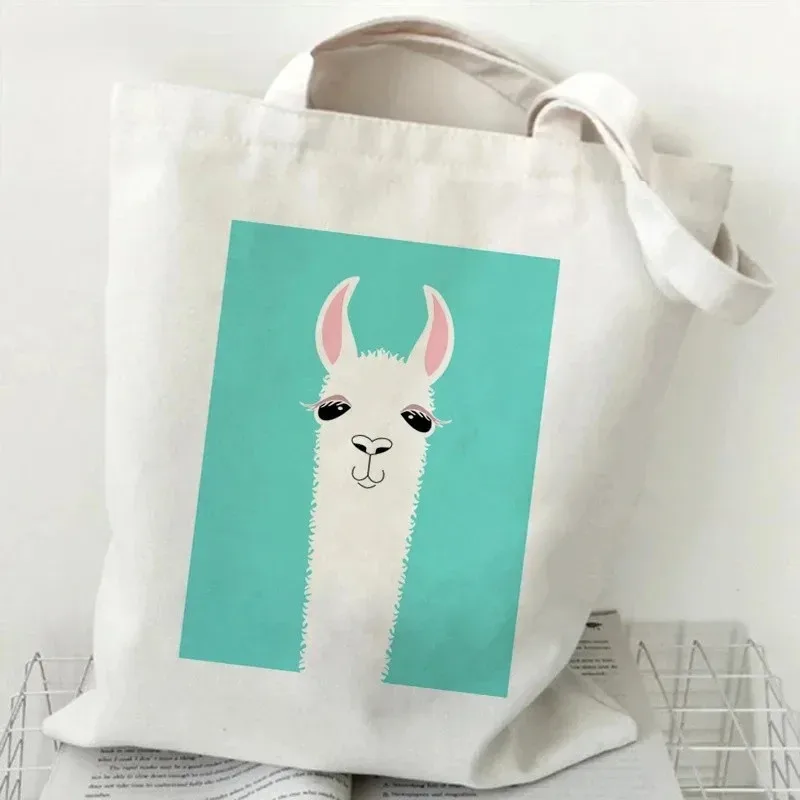 sac à main à motif d'alpaga mignon, imprimé animal de dessin animé, grande capacité, sac de shopping blanc, sac à bandoulière pour femme