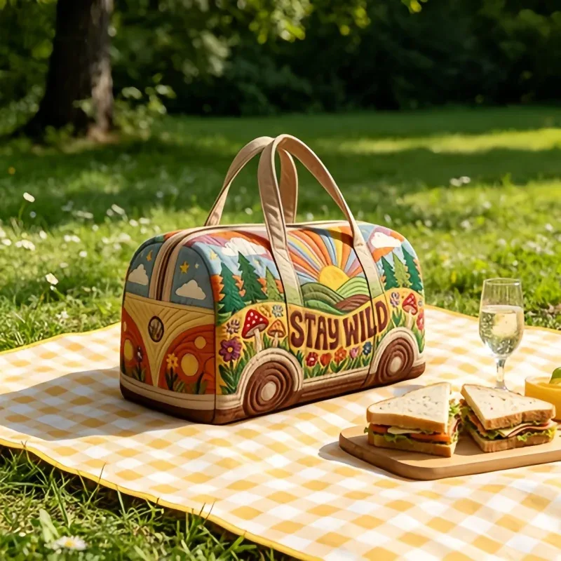 sac de voyage matelassé 3d style hippie, sac de voyage van « stay wild », sac de week-end style bohème pour voyage, gym, shopping