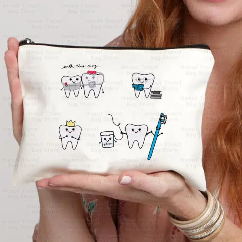 sac de dessin animé de dents pour femmes, pocommuniste de maquillage cosmétiques kawaii, trousse à crayons pour enfants, sacs de toilette en toile de voyage, poudres de golf, 2023