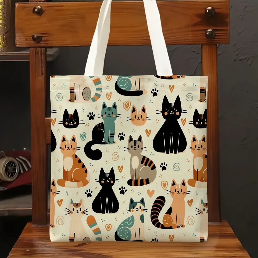 sac fourre-tout/sac à bandoulière portable, thème chat et fleurs pastel, pour voyage, shopping, sac à main léger, sac de rangement unisexe, 1 pièce
