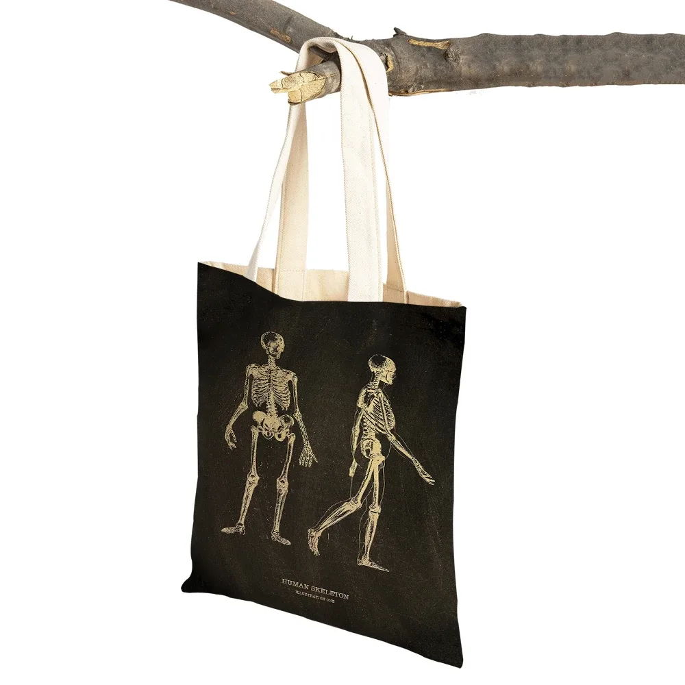 vintage squelette anatomique tableau crâne shopper sac fourre-tout dame sac à main décontracté toile coeur double impression femmes sacs à provisions