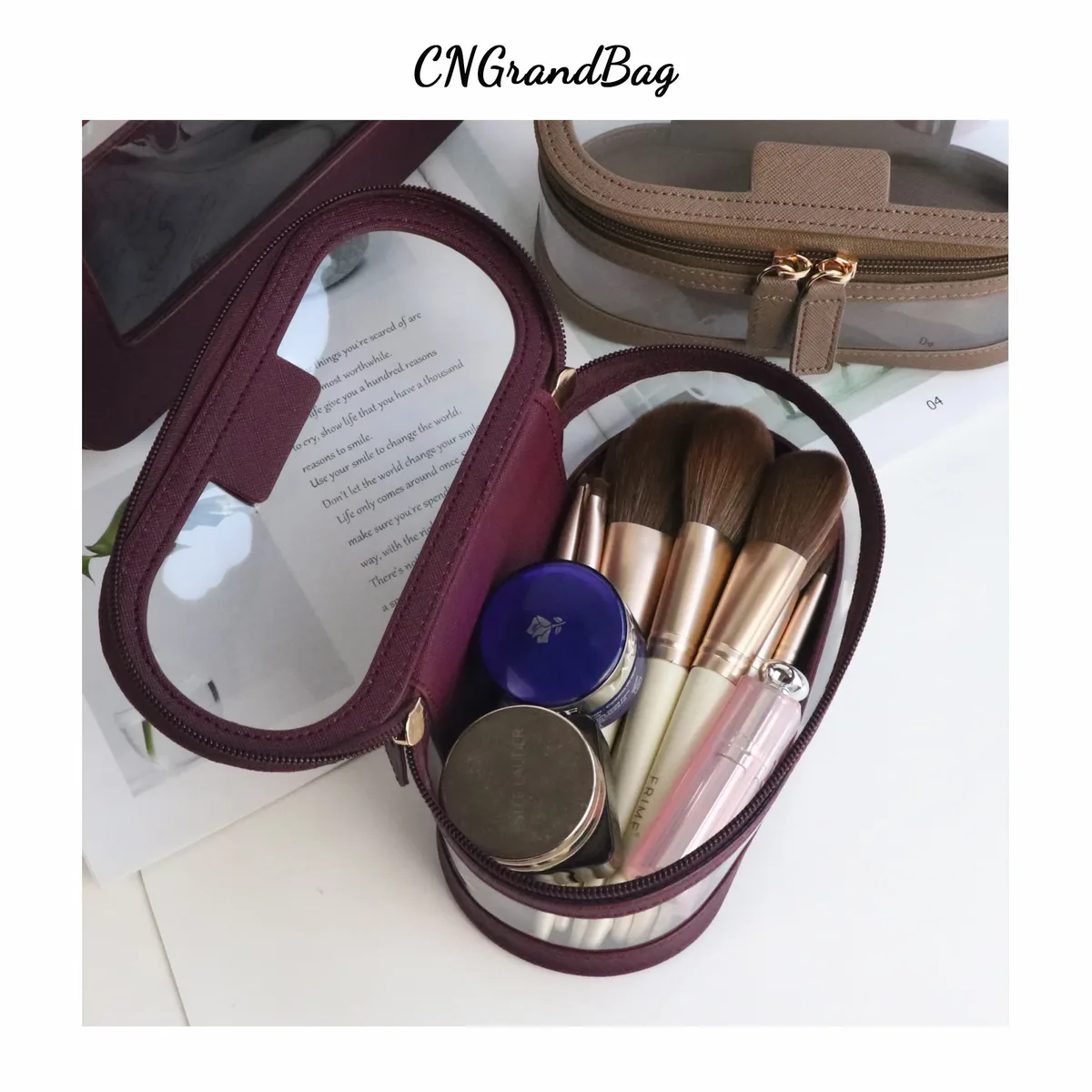 sac pour pinceaux cosmétiques en cuir saffiano avec lettres personnalisées, sac de rangement transparent multifonction de voyage étanche, étui de capacité