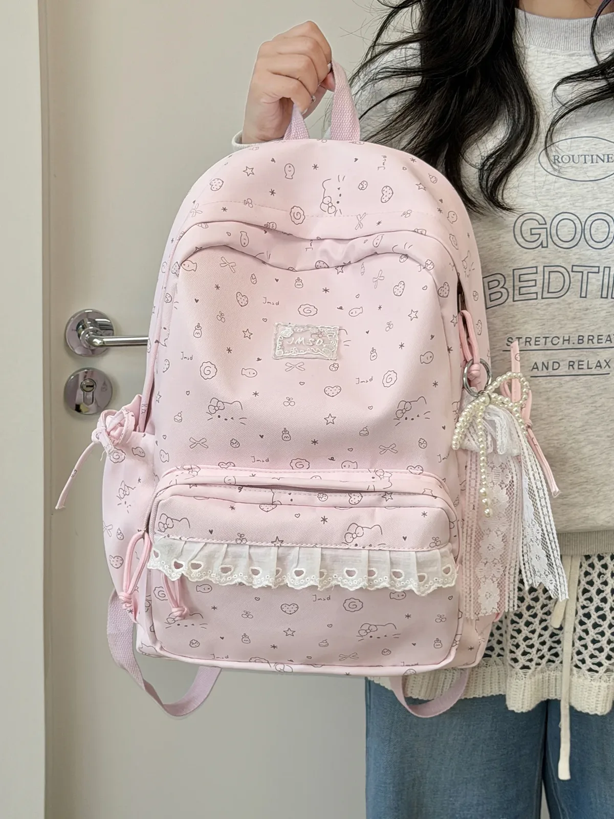 sacs à dos en dentelle pour femmes, 2 tailles, avec pendentifs perlés, sacs d'école imprimés de dessins animés mignons, mini sac à dos de voyage pour dames